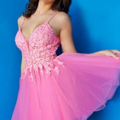 Jovani 08273 Short A Line Fit & Flare Sheer Lace Formal Cocktail Dress V Neck Homecoming Gown Prom Dresses
