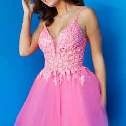 Jovani 08273 Short A Line Fit & Flare Sheer Lace Formal Cocktail Dress V Neck Homecoming Gown Prom Dresses