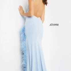 Jovani 08283 Prom Dress Feather Trimmed Side Slit V Neckline Backless Beaded