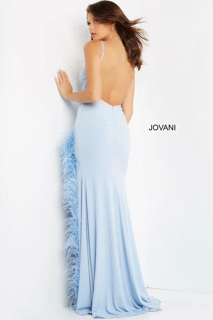 In Stock Jovani 08283 Light Blue Prom Dress Feather Trimmed Side Slit V Neckline Backless Beaded Size 4 10 In Stock Jovani 08283 Light Blue Prom Dress Feather Trimmed Side Slit V Neckline Backless Beaded Size 4