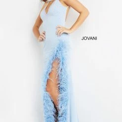 In Stock Jovani 08283 Light Blue Prom Dress Feather Trimmed Side Slit V Neckline Backless Beaded Size 4 19 In Stock Jovani 08283 Light Blue Prom Dress Feather Trimmed Side Slit V Neckline Backless Beaded Size 4