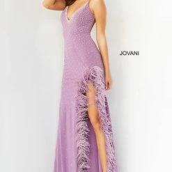 Jovani 08283 Prom Dress Feather Trimmed Side Slit V Neckline Backless Beaded