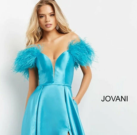 Jovani 08321 High Slit Prom Dress Feather Shoulders Evening Gown 6 Jovani 08321 High Slit Prom Dress Feather Shoulders Evening Gown