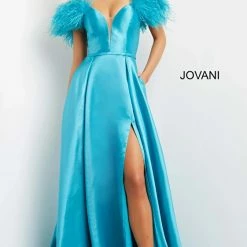 Jovani 08321 High Slit Prom Dress Feather Shoulders Evening Gown 8 Jovani 08321 High Slit Prom Dress Feather Shoulders Evening Gown