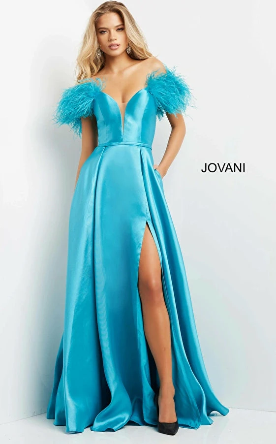 Jovani 08321 High Slit Prom Dress Feather Shoulders Evening Gown 5 Jovani 08321 High Slit Prom Dress Feather Shoulders Evening Gown