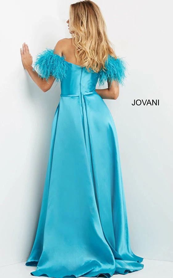 Jovani 08321 High Slit Prom Dress Feather Shoulders Evening Gown 4 Jovani 08321 High Slit Prom Dress Feather Shoulders Evening Gown