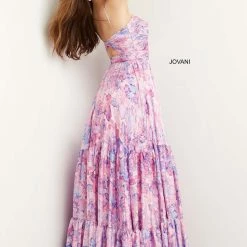 Jovani 08369 Pink Multi Prom Dress A Line Layered Print Tie Bodice Side Slit Print
