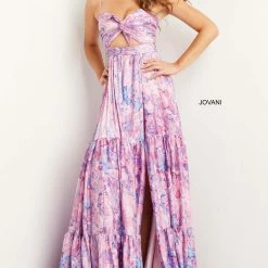 Jovani 08369 Pink Multi Prom Dress A Line Layered Print Tie Bodice Side Slit Print