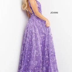 Jovani 08422 Purple Prom Dress A Line 3D Floral Flowers Plunging Neckline Sheer Panel Ballgown Dresses