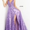 Jovani 08422 Purple Prom Dress A Line 3D Floral Flowers Plunging Neckline Sheer Panel Ballgown Dresses