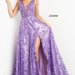Jovani 08422 Purple Prom Dress A Line 3D Floral Flowers Plunging Neckline Sheer Panel Ballgown Dresses