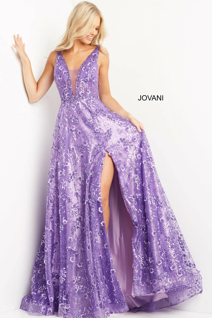 Jovani 08422 Purple Prom Dress A Line 3D Floral Flowers Plunging Neckline Sheer Panel Ballgown Dresses 3 Jovani 08422 Purple Prom Dress A Line 3D Floral Flowers Plunging Neckline Sheer Panel Ballgown Dresses