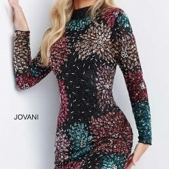 Jovani 07517 Black Multi High Neck Long Sleeve Cocktail Dress Beaded Gown