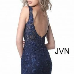 JVN By Jovani Jovani JVN4270 Navy Cocktail Dress Short Lace Plunging Neckline Fitted Homecoming Dress