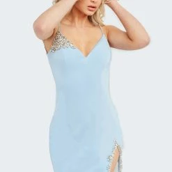 Jovani 09010 Short Fitted Crystal Rhinestone Formal Backless Cocktail Dress V Neck Gown