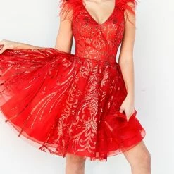 Jovani 09466 Short Fit & Flare Red Feather Cocktail Dress Formal Glitter V Neck Gown