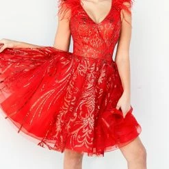 In Stock Jovani 09466 Size 14 Short Fit & Flare Red Feather Cocktail Dress Formal Glitter V Neck Gown