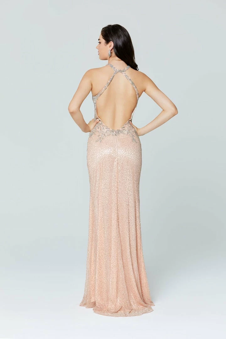 In Stock Primavera Couture 3409 Size 2 Blush Embellished High Neck Prom Dress Slit Beaded Long 5 In Stock Primavera Couture 3409 Size 2 Blush Embellished High Neck Prom Dress Slit Beaded Long