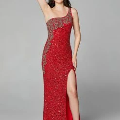 In Stock Primavera Couture 3637 Sequin One Shoulder Prom Dress With Slit Size 0, 8 Neon Pink