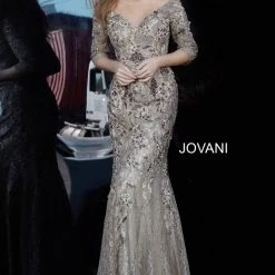 Long Sleeve Dresses Jovani 02766 Off The Shoulder Three Quarter Sleeves Evening Gown