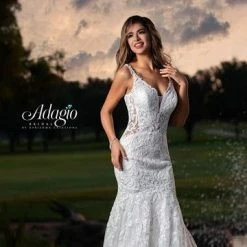 Adagio Bridal W9373 Sequin Applique Lace Wedding Dress Bridal Gown Sheer 9373 Mermaid Dresses