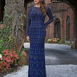 Discontinued Long Sleeve Dresses Primavera Couture 3181 Long Beaded Long Sleeve Evening Gown Sequin