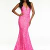 In Stock Mermaid Dresses Ashley Lauren 11113 Size 0 Hot Pink Long Fitted Sequin Prom Dress Pageant Gown V Neck