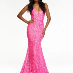 In Stock Mermaid Dresses Ashley Lauren 11113 Size 0 Hot Pink Long Fitted Sequin Prom Dress Pageant Gown V Neck