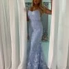 In Stock Mermaid Dresses Allie Blue 6534 Size 2 V Neckline Long Lace Mermaid Prom Dress Evening Gown Pageant Dress