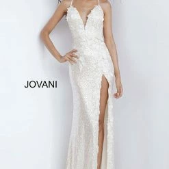 In Stock Backless Dresses Jovani 1012 Size 0 White Sequin Fitted Formal Prom Dress Slit Pageant Backless Floral Bodice