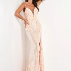 In Stock Backless Dresses Jovani 1012 Size 0 White Sequin Fitted Formal Prom Dress Slit Pageant Backless Floral Bodice