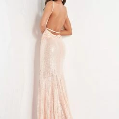 In Stock Backless Dresses Jovani 1012 Size 0 White Sequin Fitted Formal Prom Dress Slit Pageant Backless Floral Bodice