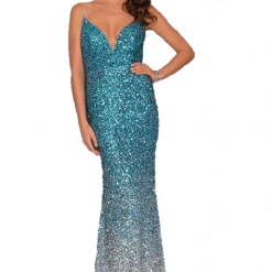 In Stock Backless Dresses Dave And Johnny 10308 Blue Silver Ombre Prom Dress Fitted V Neckline Backless Size 14