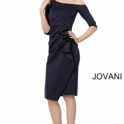 Long Sleeve Dresses Jovani 1035 Short Off The Shoulder Cocktail Dress Three Quarter Sleeves