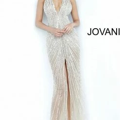 Jovani 2609 Long Nude Sheer Crystal Embellished Prom Pageant Dress Sheath Sexy Long Sleeve Dresses
