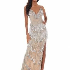 Ashleylauren Ashley Lauren 1817X V Neckline Fitted Fringe Pageant Dress Evening Gown Prom Dress