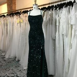 Backless Dresses Dave & Johnny 10640 Long Fitted Velvet Sequin Prom Dress Slit Formal Gown