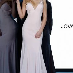 Jovani 1074 Blush Fitted Mermaid V Neck Sexy Lace Train Prom Dress Pageant