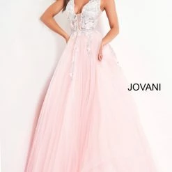 Jovani 11092 Long Sheer A Line Ballgown Formal Dress Floral Applique Romantic Ballgown Dresses