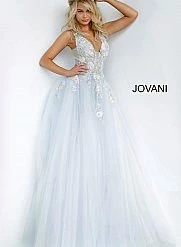 Jovani 11092 Long Sheer A Line Ballgown Formal Dress Floral Applique Romantic Ballgown Dresses