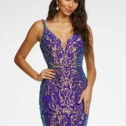 In Stock Mermaid Dresses Ashley Lauren 11113 Size 0 Hot Pink Long Fitted Sequin Prom Dress Pageant Gown V Neck