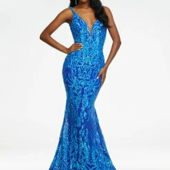 In Stock Mermaid Dresses Ashley Lauren 11113 Size 0 Hot Pink Long Fitted Sequin Prom Dress Pageant Gown V Neck