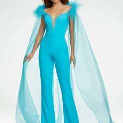 Ashleylauren Ashley Lauren 11139 Off Shoulder Jumpsuit With Organza Cape Pageant Wear