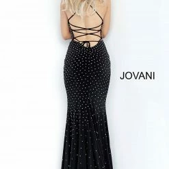Jovani 1114 Long Fitted Jersey Flared Prom Dress Crystal Embellishments Tie Back