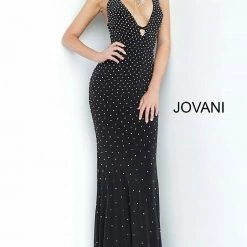 Jovani 1114 Long Fitted Jersey Flared Prom Dress Crystal Embellishments Tie Back