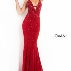 Jovani 1114 Long Fitted Jersey Flared Prom Dress Crystal Embellishments Tie Back
