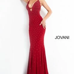 Jovani 1114 Long Fitted Jersey Flared Prom Dress Crystal Embellishments Tie Back