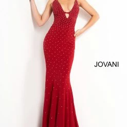 Jovani 1114 Long Fitted Jersey Flared Prom Dress Crystal Embellishments Tie Back