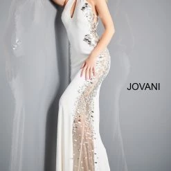 Backless Dresses Jovani 1126 Long Fitted High Neck Jersey Sheer Cut Glass Prom Dress Formal