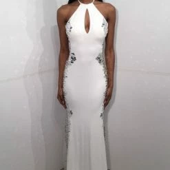 Backless Dresses Jovani 1126 Long Fitted High Neck Jersey Sheer Cut Glass Prom Dress Formal